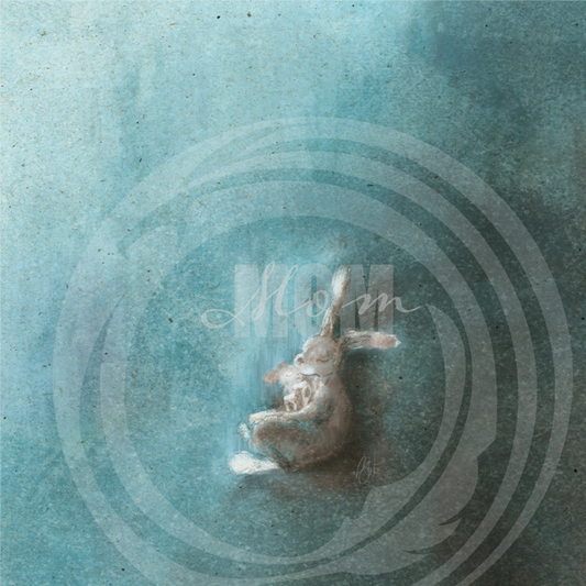 Mama and Baby Hare sleeping on a blue serene background. The word mom in a light vignette