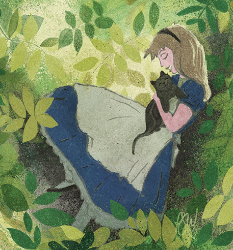 An Artist's depiction of a young girl, Alice smiling at her cat sitting in a tree Illustrated by Penelope Wrenn