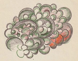 Decorative swirl design in green and orange on a beige background. Art by Penelope Wrenn