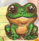 Watercolor Illustration of a green frog named frappe with lined yellow paper background. Art by Penelope Wrenn