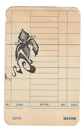 Iris drawn with black pen on a trading pit card. Art by: Penelope Wrenn