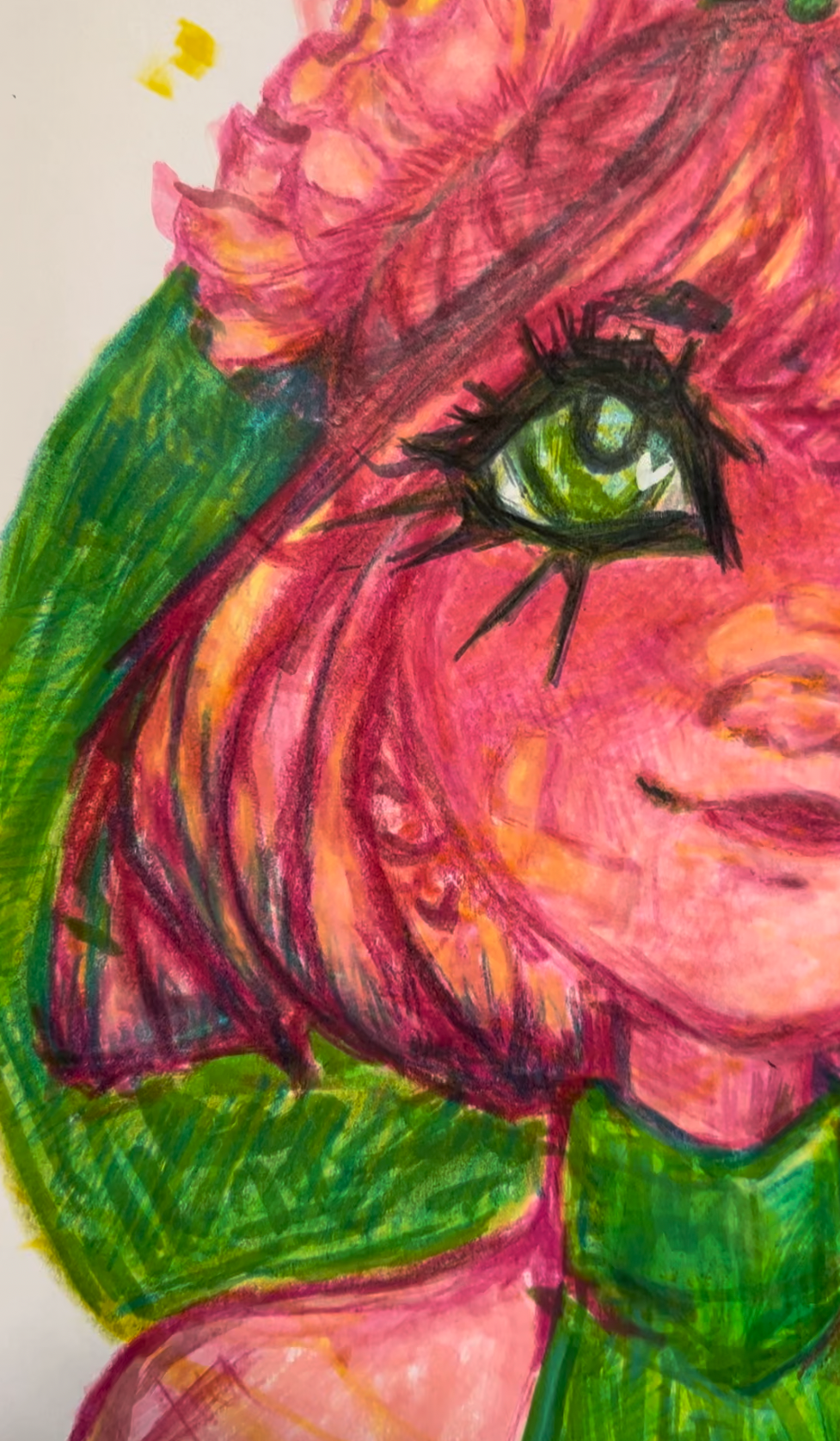 Colorful illustration of a character with a green eye surrounded by pink and green hues. Illustrated by Penelope Wrenn